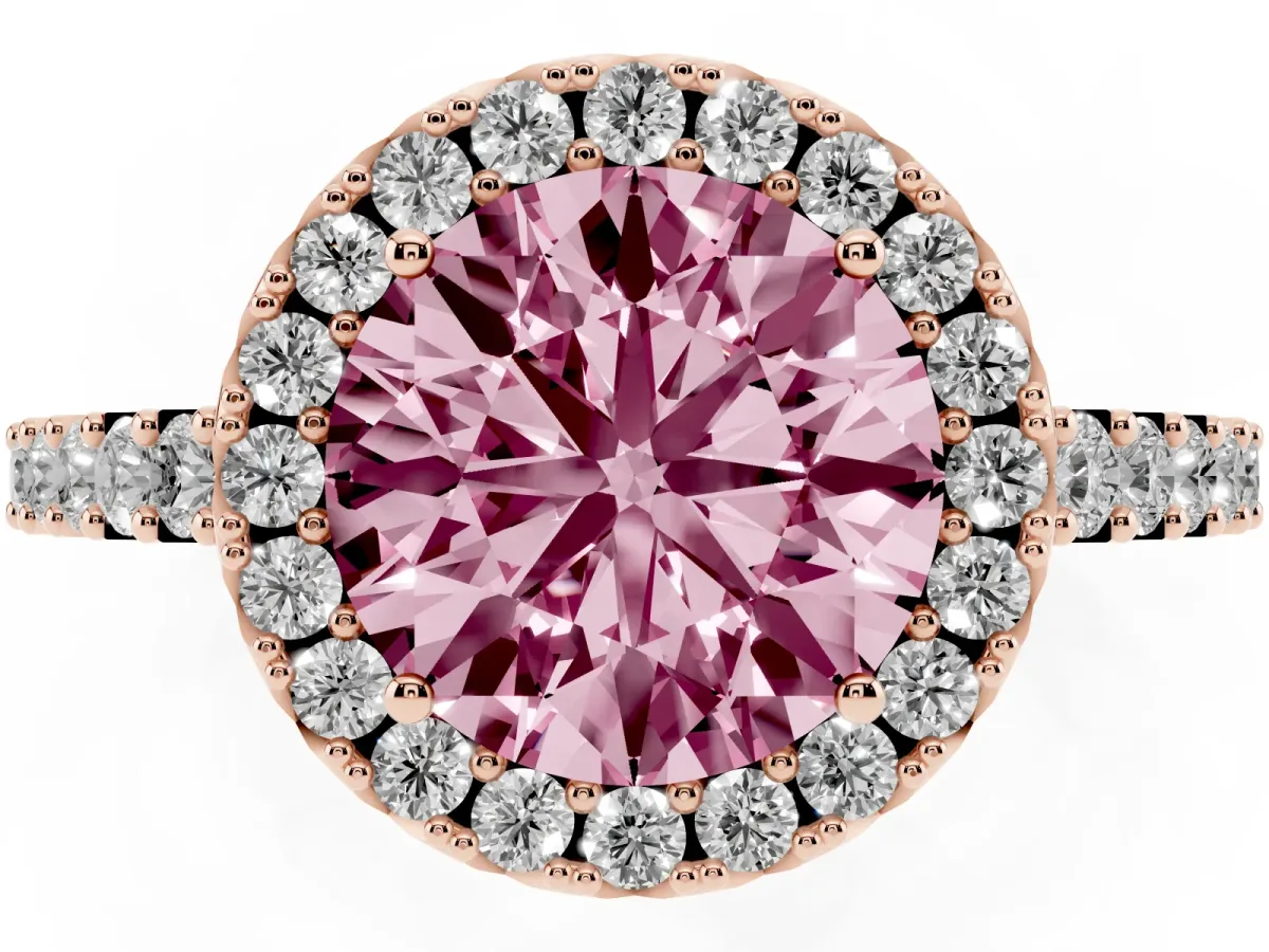 Fancy Pink Round Cut Halo Diamond Pavé Solitaire Ring Rose gold