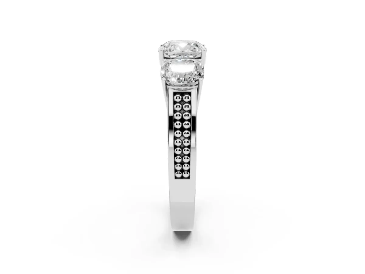 Cushion Cut Diamond Three-Stone Ring with Prong Setting and Textured Band Platinum