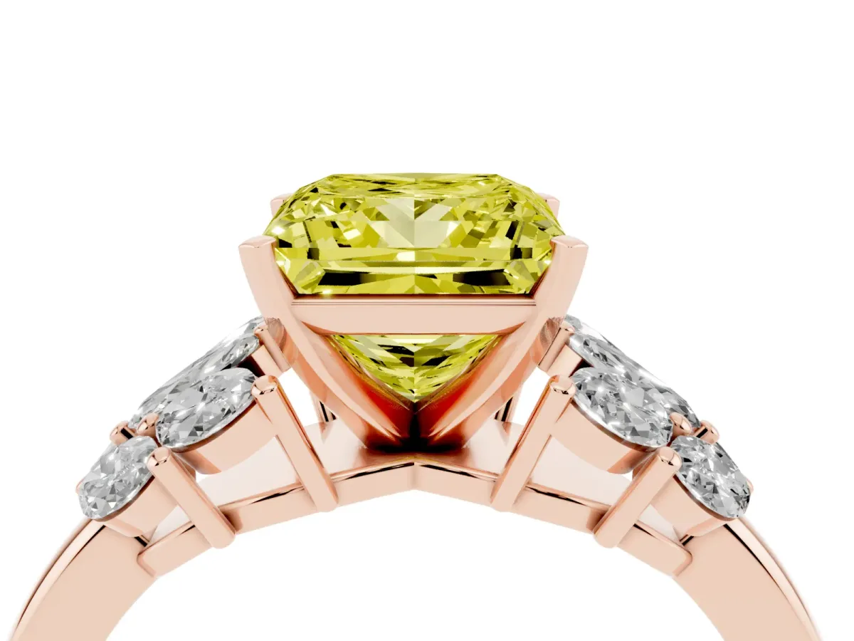 Fancy Yellow Princess Cut Diamond Cluster Leaf Design Ring with Prong Setting Rose gold
