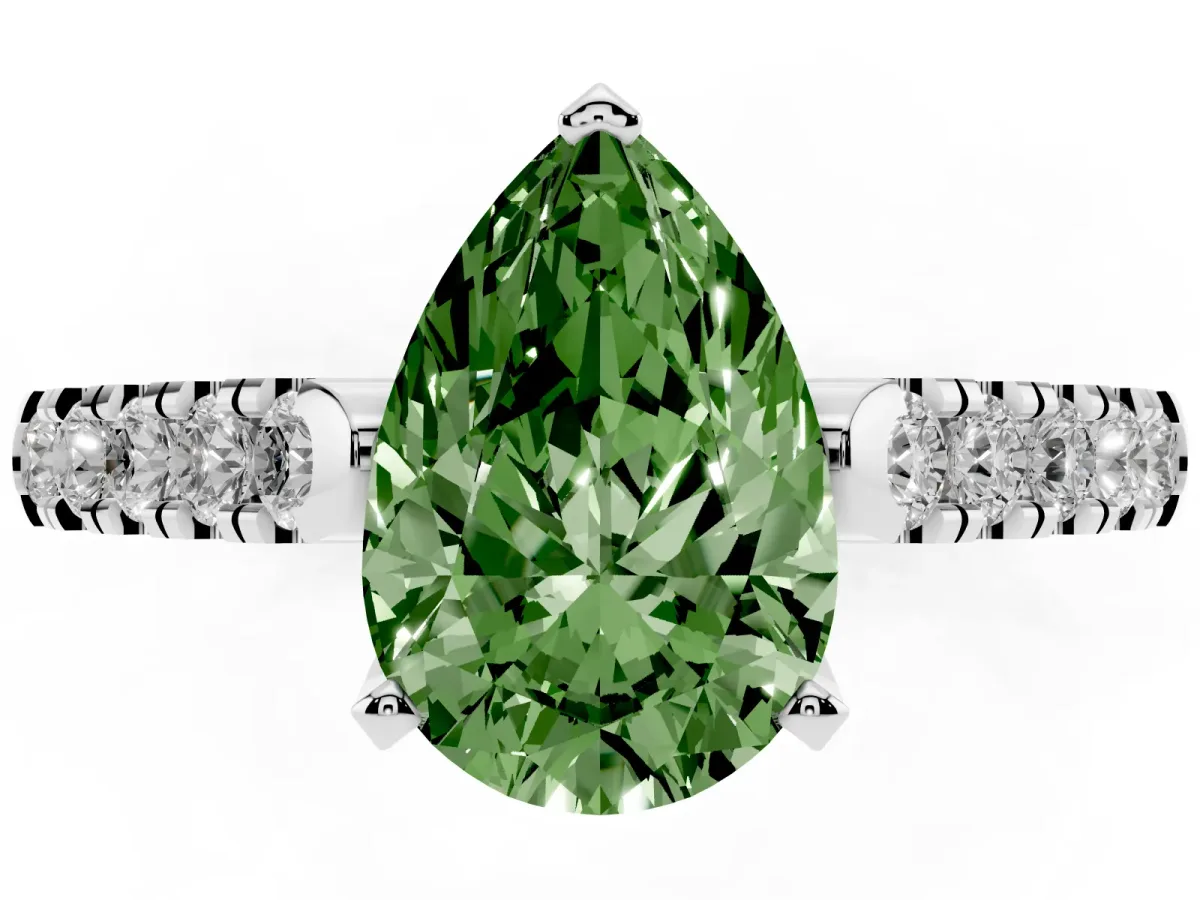 Fancy Green Pear Cut Diamond Pavé Band Solitaire Ring with Prong Setting Platinum