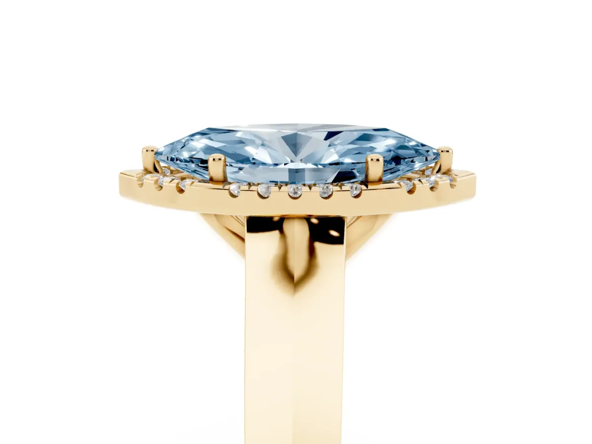 Fancy Blue Marquise Cut Halo Diamond Ring with Cathedral Band and Four-Prong Setting Yellow gold
