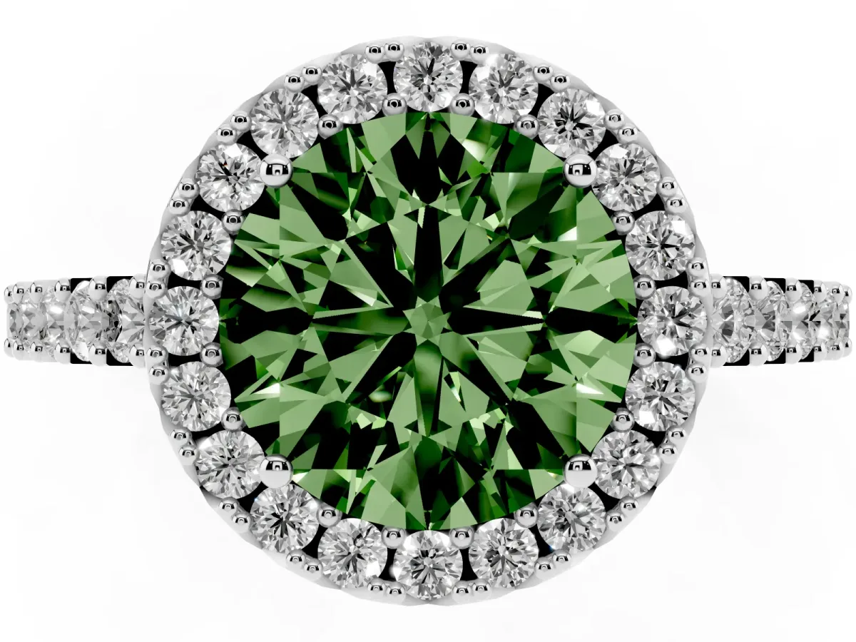 Fancy Green Round Cut Halo Diamond Pavé Solitaire Ring Silver
