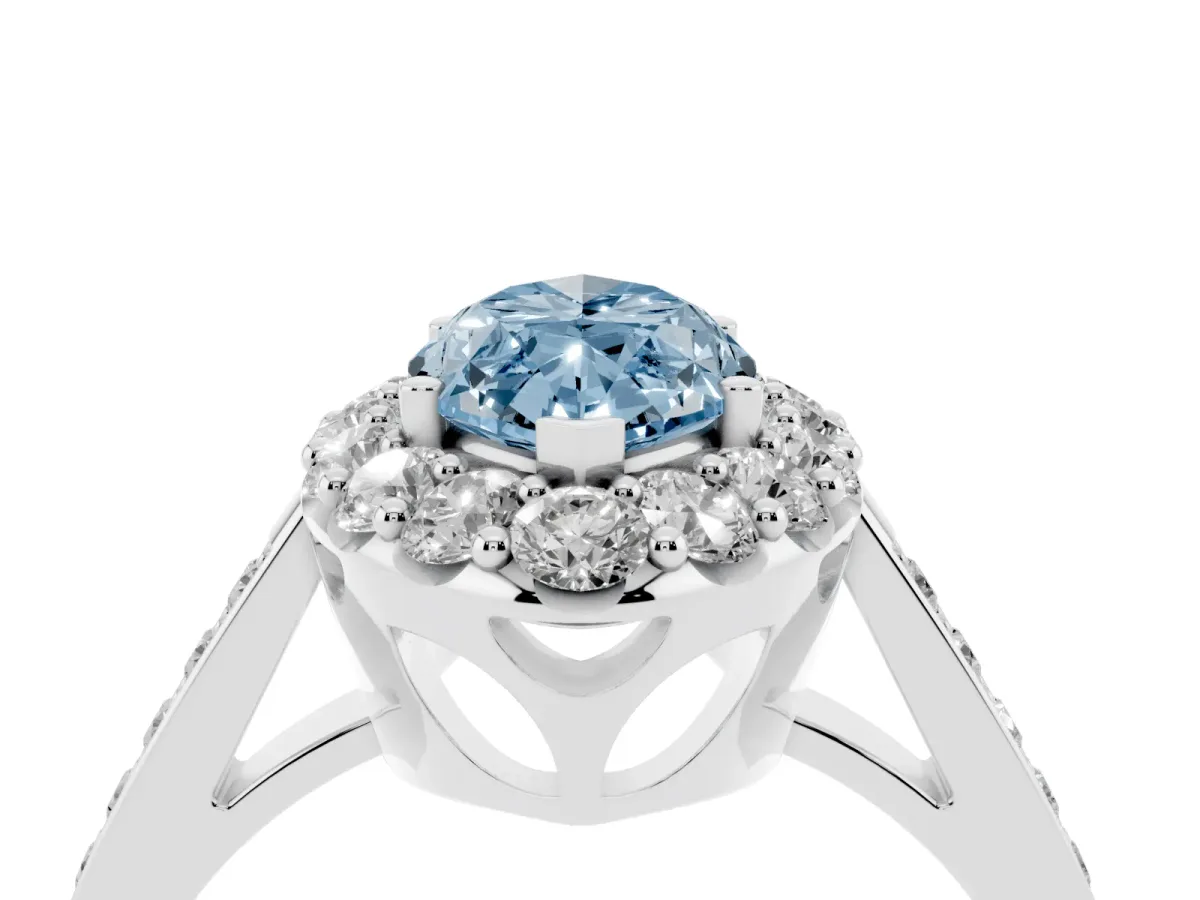 Fancy Blue Marquise Cut Diamond Floral Halo Ring with Pavé Band and Prong Setting White gold
