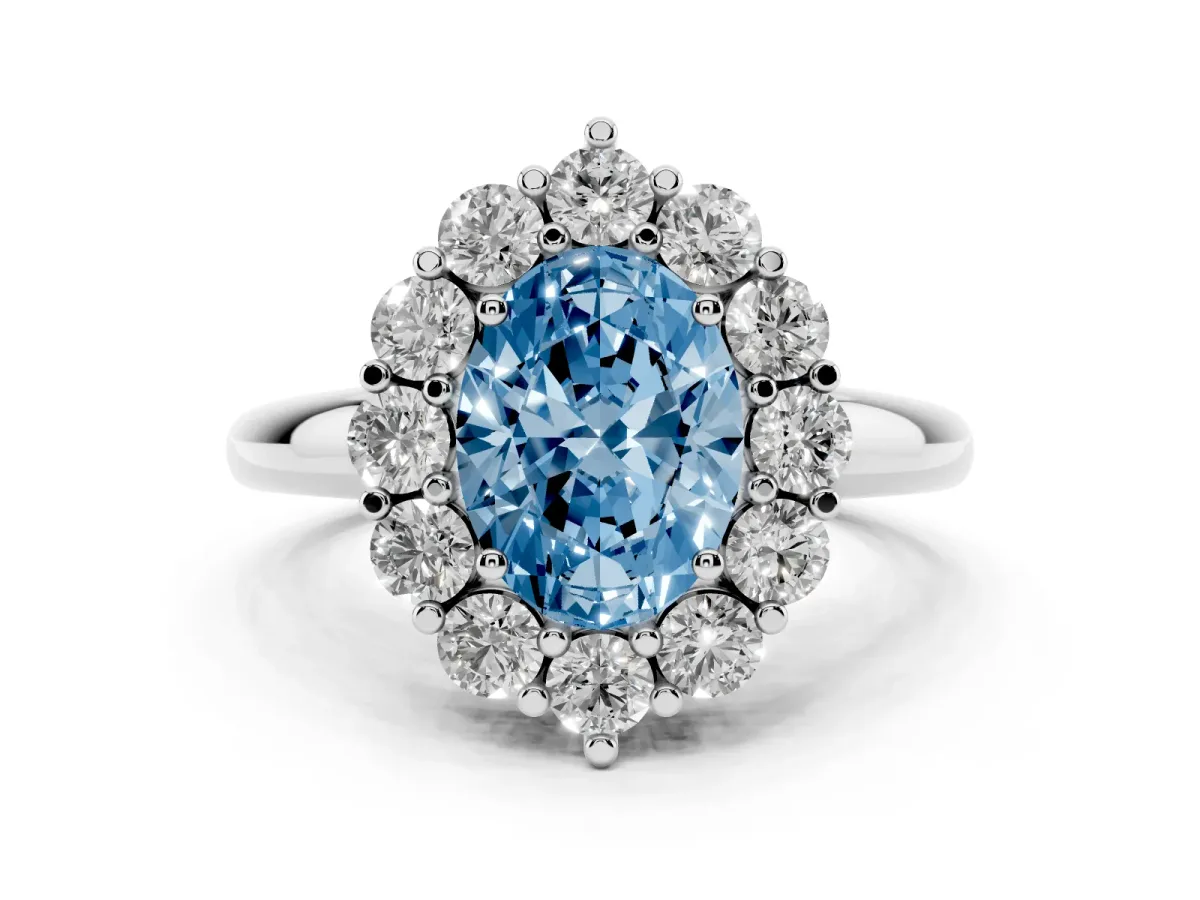 Fancy Blue Oval Cut Halo Cluster Diamond Engagement Ring with Prong Setting and Polished Band Silver