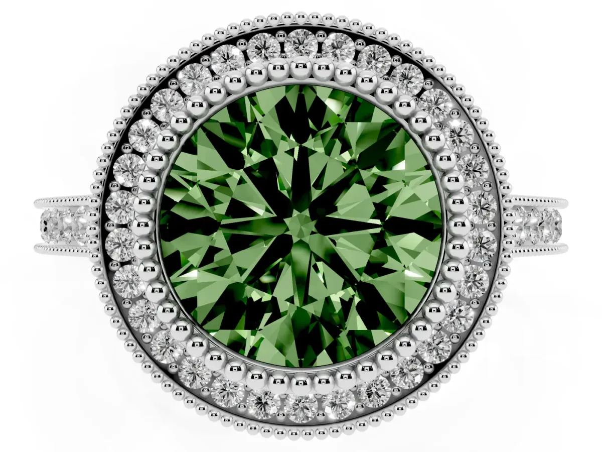 Fancy Green Round Cut Diamond Halo Ring with Milgrain Frame and Pavé Band Platinum