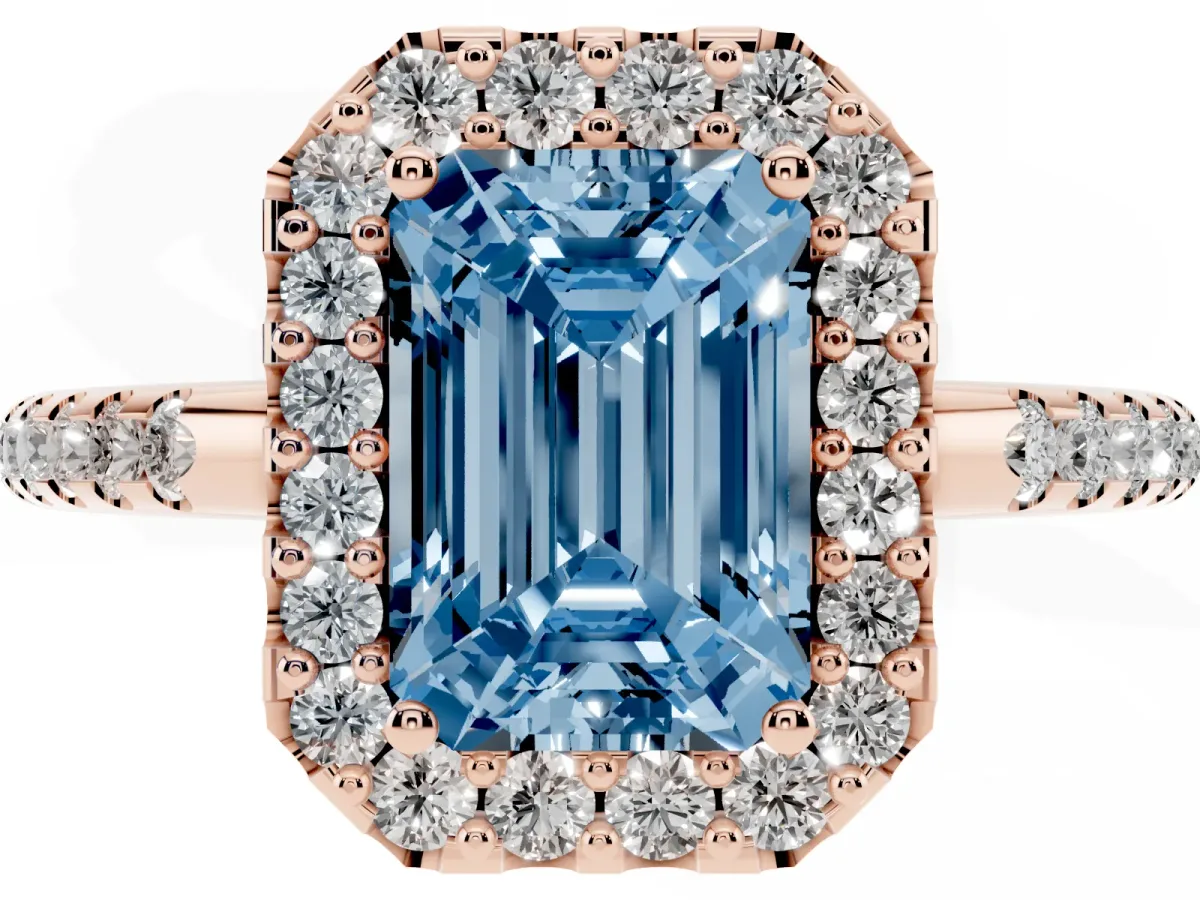 Fancy Blue Emerald Cut Diamond Pavé Halo Ring with Four-Prong Setting Rose gold