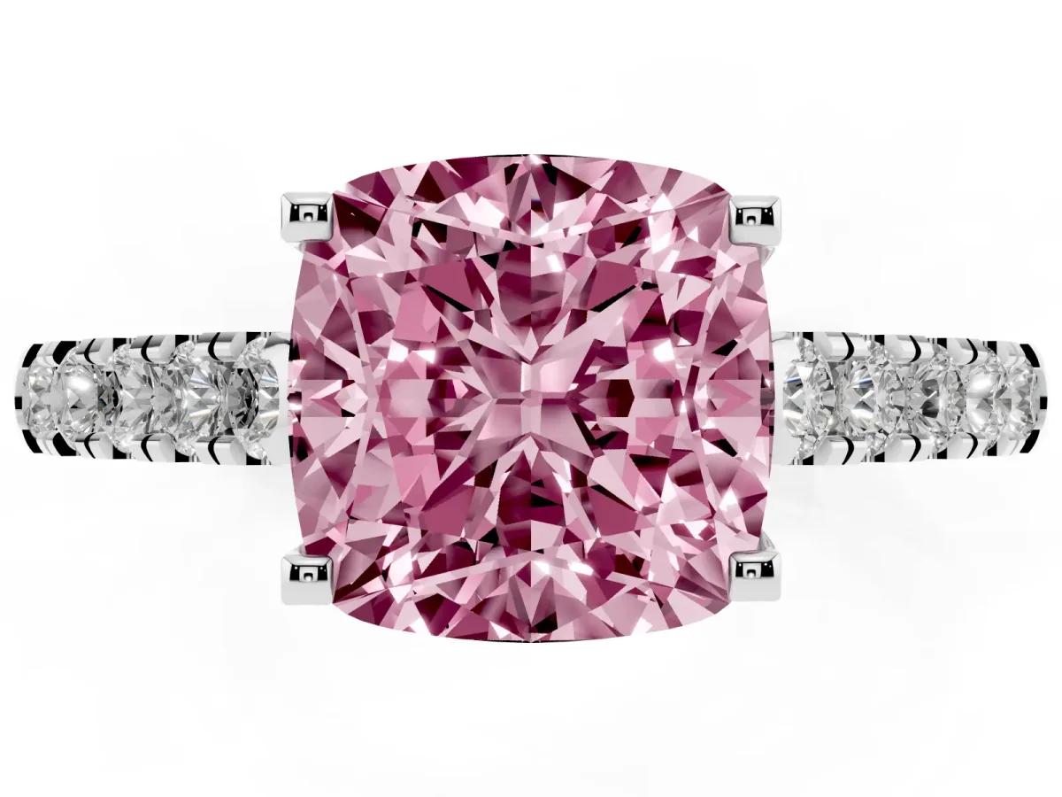 Fancy Pink Cushion Cut Diamond Pavé Band Solitaire Ring with Prong Setting Silver