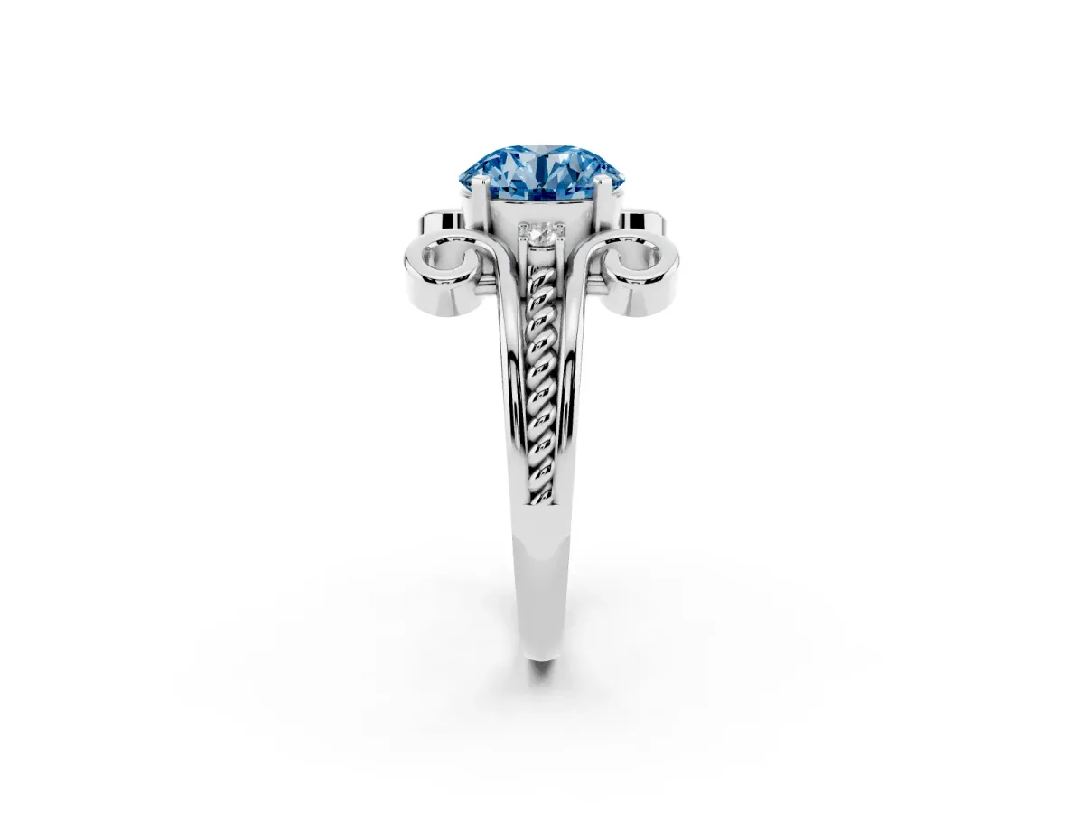 Fancy Blue Round Cut Solitaire Twisted Band Scroll Prong Ring Platinum