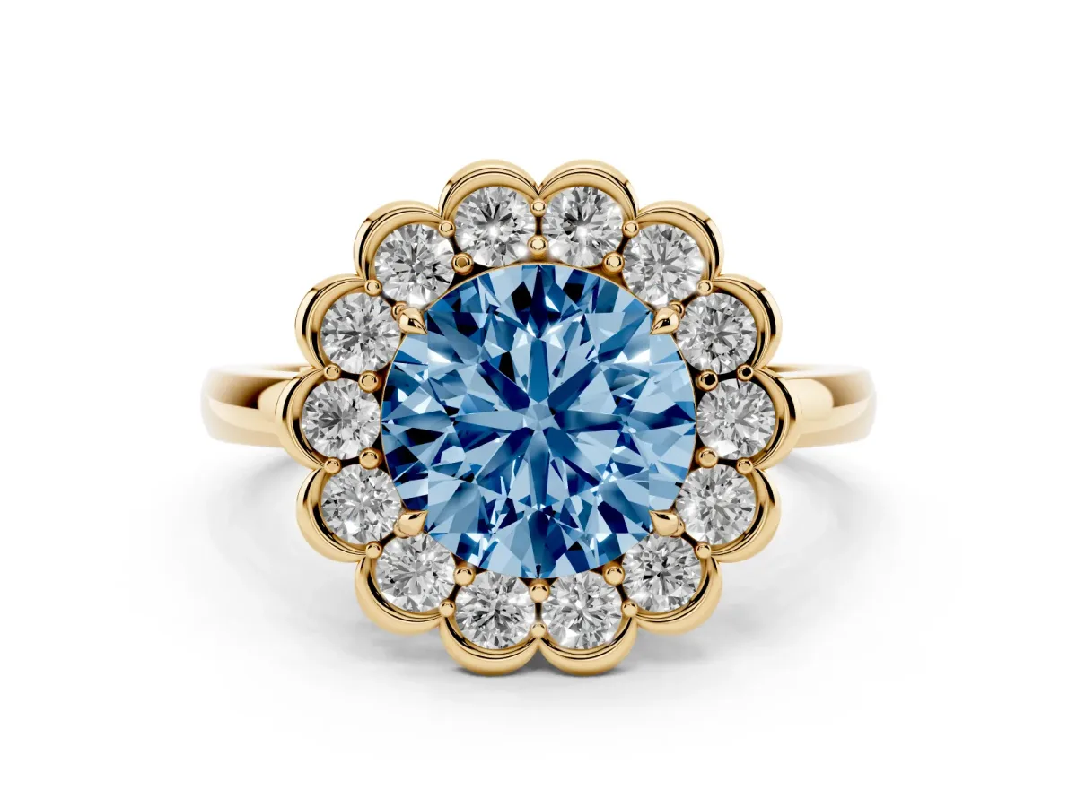 Fancy Blue Round Cut Halo Cluster Diamond Engagement Ring with Solitaire Band and Prong Setting Yellow gold
