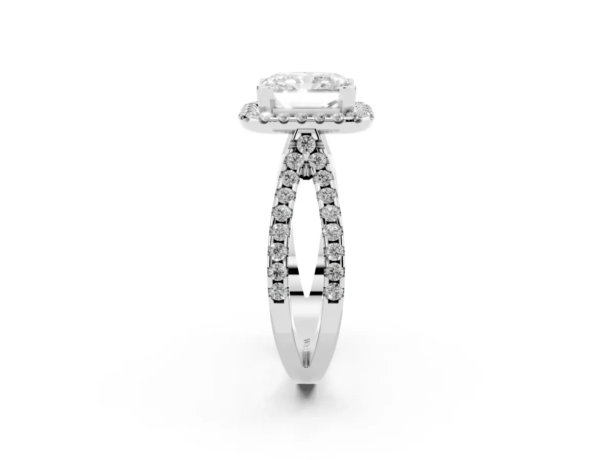 Radiant Cut Diamond Halo Ring with Split Shank Pavé Band and Prong Setting Silver