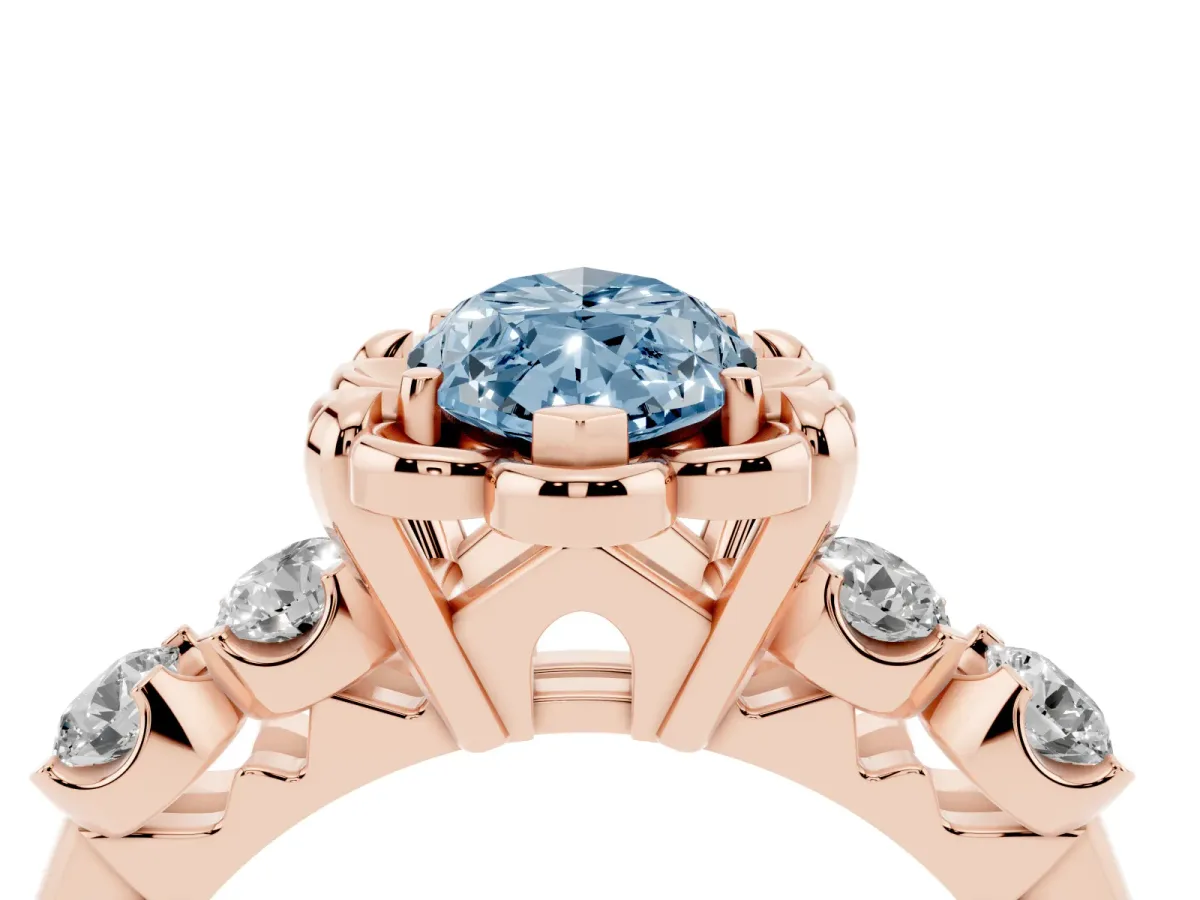 Fancy Blue Marquise Cut Cut Diamond Floral Halo Engagement Ring with Shared Prong Setting Rose gold