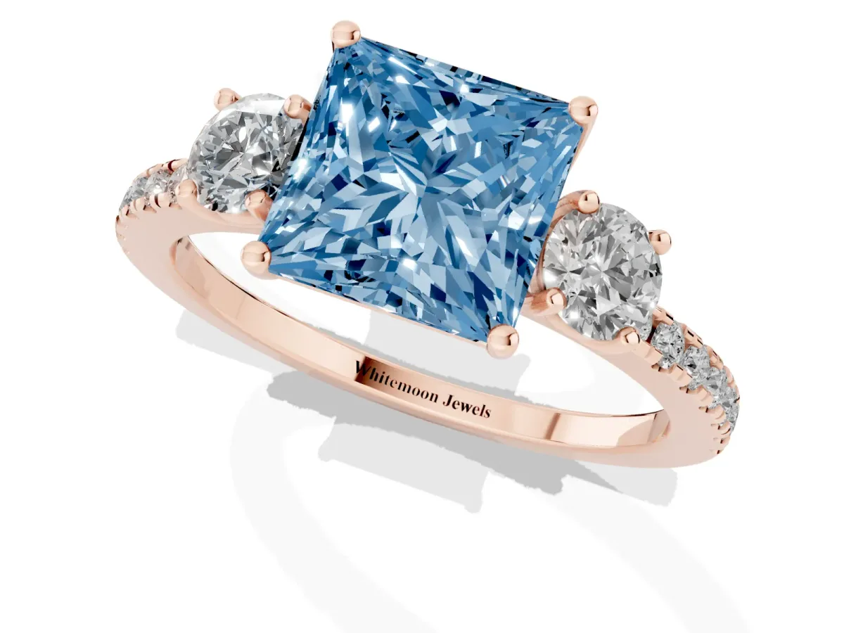 Fancy Blue Three-Stone Princess Cut Cut Diamond Pavé Band with Prong Setting Rose gold