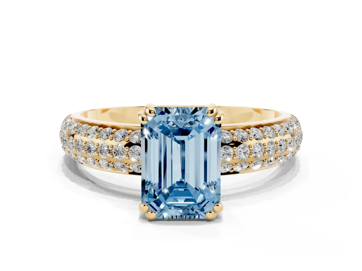 Fancy Blue Emerald Cut Diamond Solitaire Ring with Multi-Row Round Pavé Band and Prong Setting Yellow gold