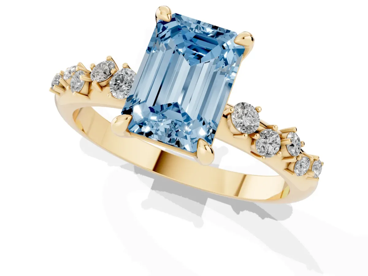 Fancy Blue Emerald Cut Cut Diamond Vine Band with Four-Prong Setting Yellow gold