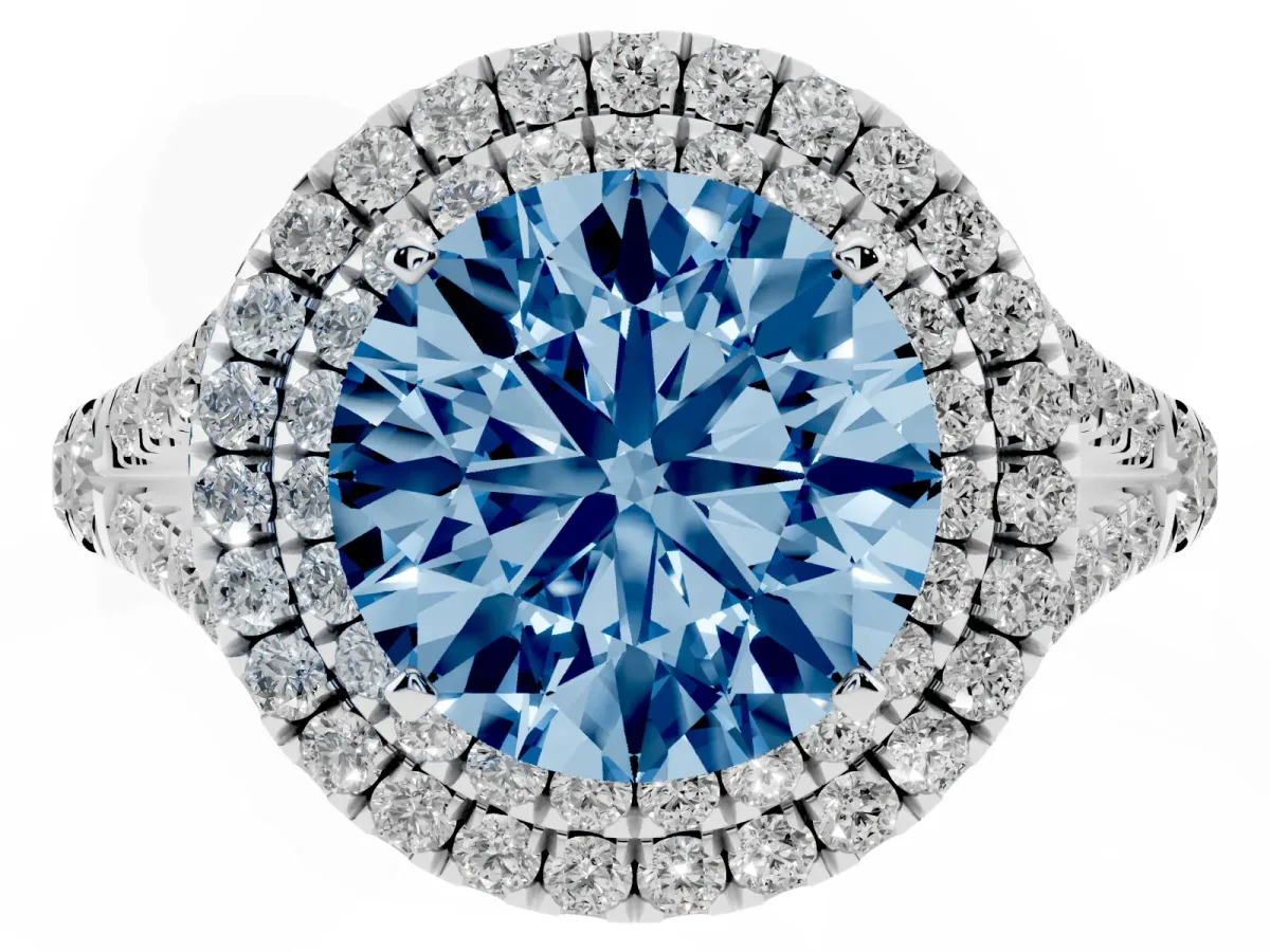 Fancy Blue Round Cut Diamond Pavé Split Shank Double Halo Engagement Ring Silver