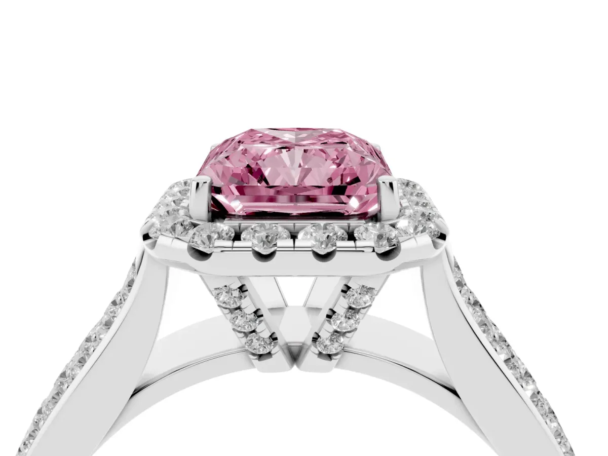 Fancy Pink Radiant Cut Halo Round Diamond Pave Band with Prong Setting Silver