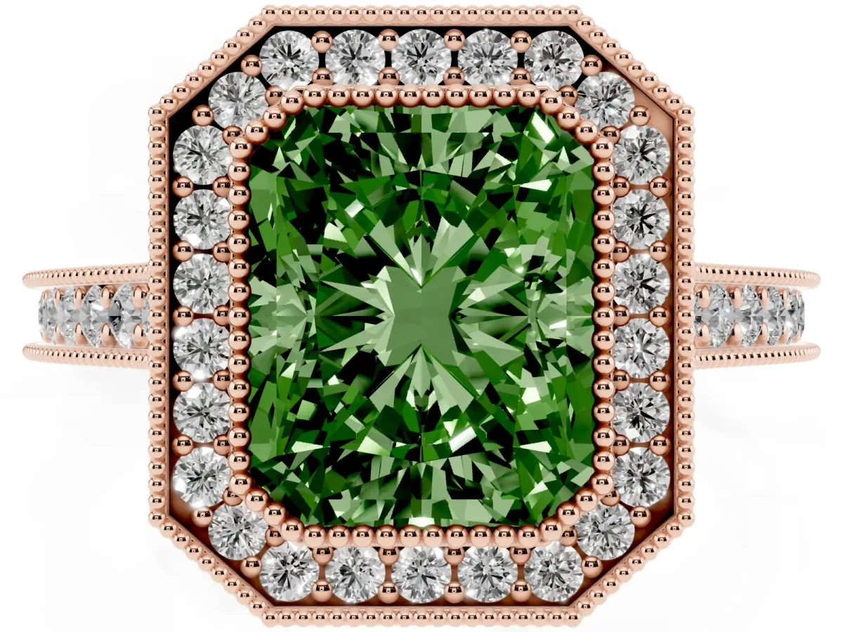 Fancy Green Halo Radiant Cut-Cut Diamond Pave Band Milgrain Prong Setting Ring Rose gold