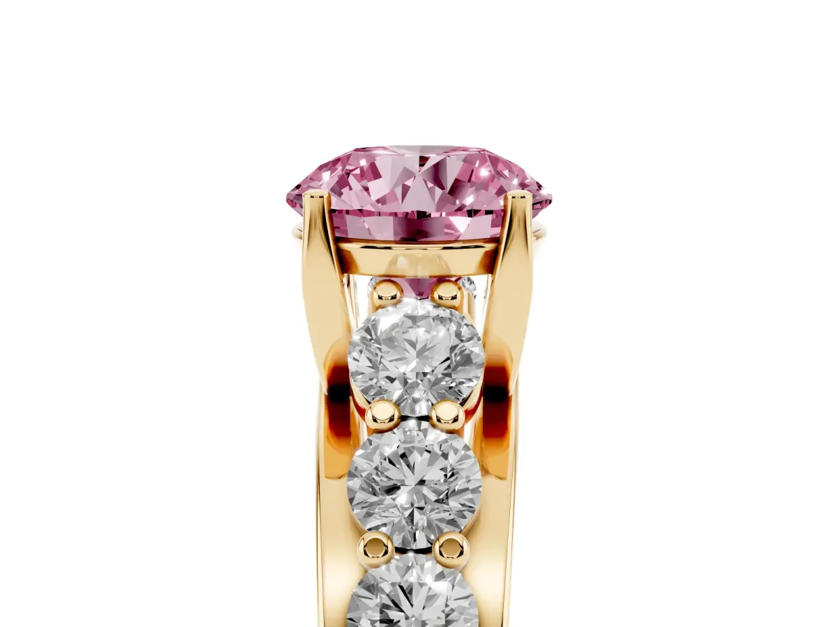 Fancy Pink Round Cut Diamond Engagement Ring with Pavé Band and Four-Prong Setting Yellow gold