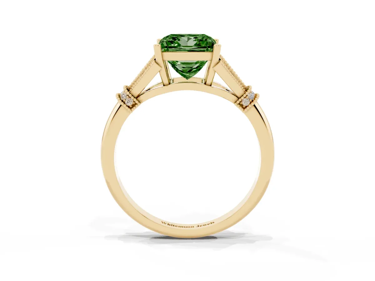 Fancy Green Princess Cut Diamond Solitaire Ring with Floral Filigree and Pave Accents Yellow gold