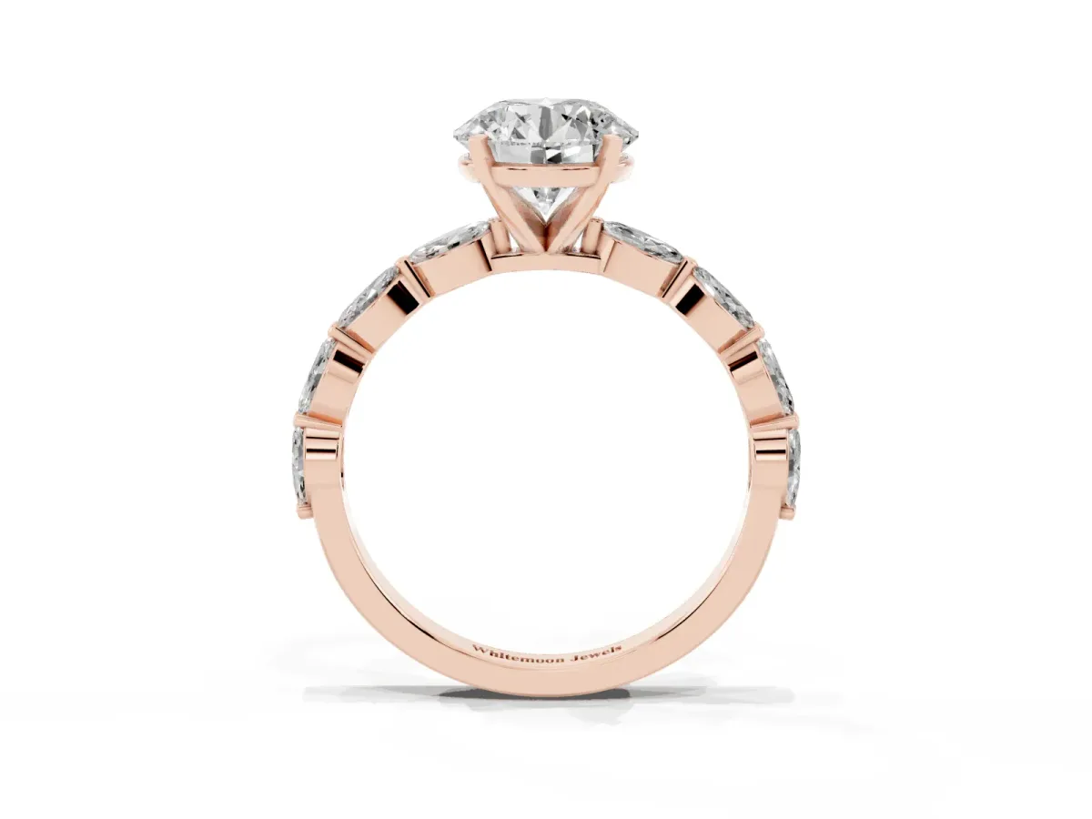 Round Cut Diamond Ring with Marquise Side Stones and Prong Setting Rose gold