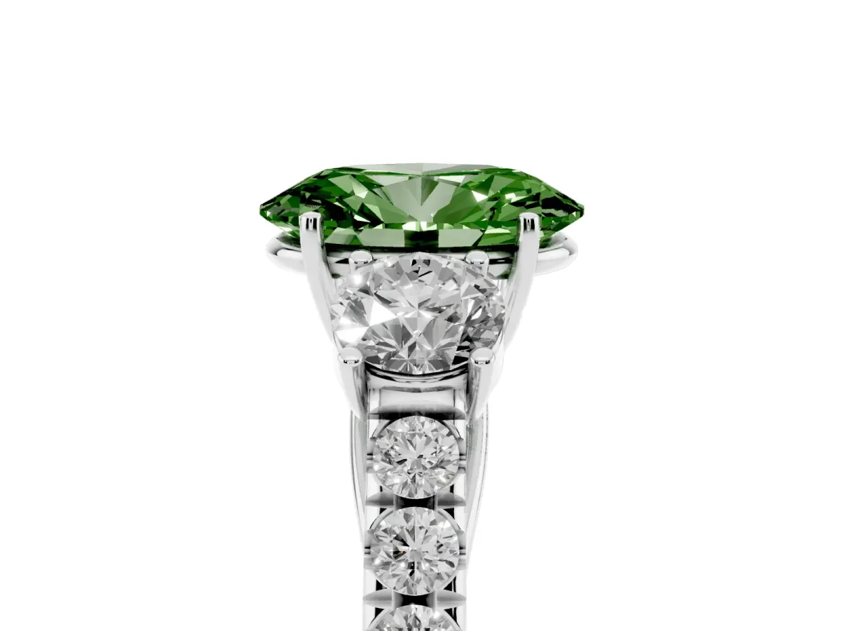 Fancy Green Oval Cut Cut Diamond Three-Stone Ring with Round Side Stones and Pavé Band Platinum