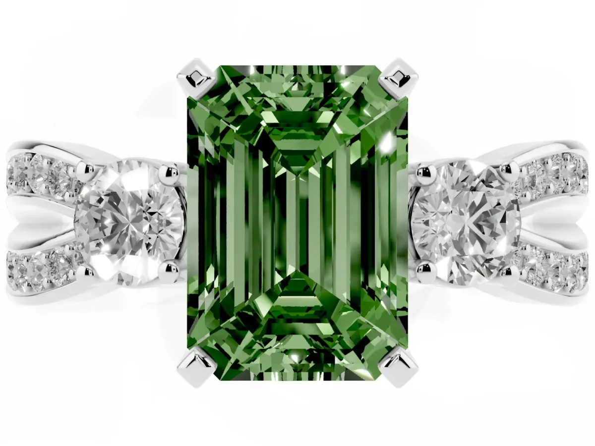 Fancy Green Three-Stone Emerald Cut Cut Diamond Twist Band with Prong Setting Platinum