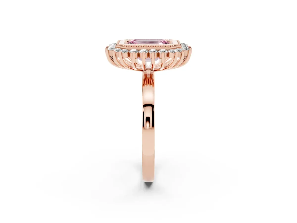 Fancy Pink Emerald Cut Halo Diamond Ring with Milgrain Edge and Round Prong Setting Rose gold