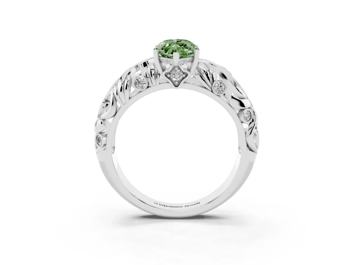 Fancy Green Marquise Cut Solitaire Diamond Leaf-Inspired Vine Band Ring with Prong Setting Silver