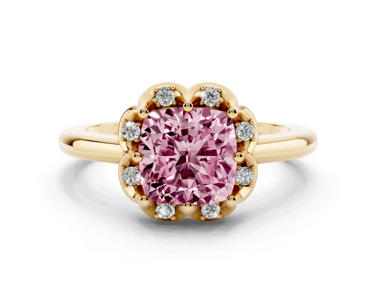 Fancy Pink Cushion Cut Halo Diamond Ring with Round Cluster Setting, Solitaire Band, and Four-Prong Setting Yellow gold