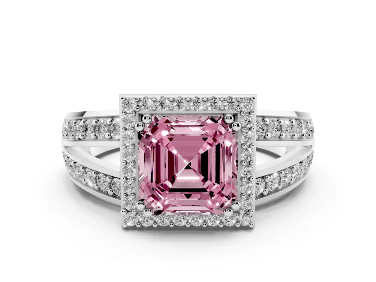 Fancy Pink Asscher Cut Diamond Halo Ring with Split Shank Pavé Band and Four-Prong Setting Silver