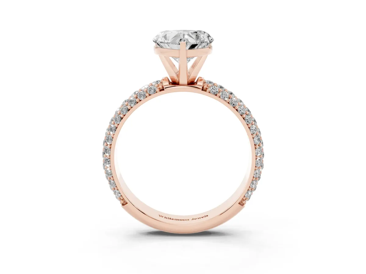 Heart Cut Diamond Solitaire Ring with Prong Setting and Pavé Band Rose gold