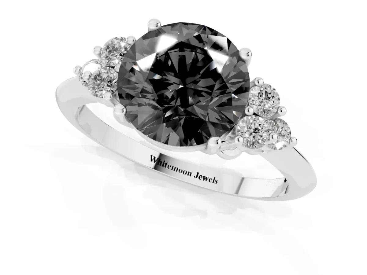 Fancy Black Round Cut Cut Diamond Cluster Ring with Solitaire Band and Four-Prong Setting Silver