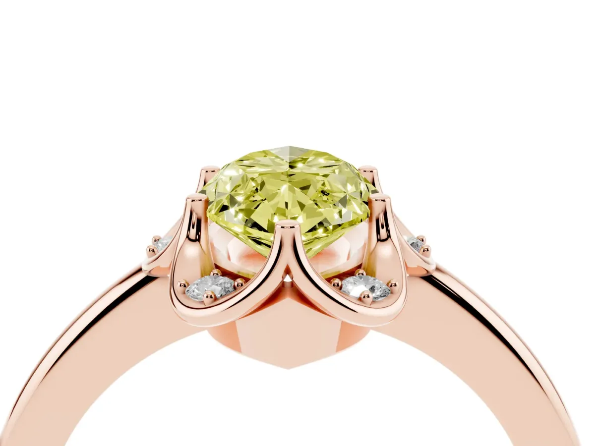 Fancy Yellow Marquise Cut Halo Diamond Ring with Round Cluster Setting, Solitaire Band, and Four-Prong Setting Rose gold