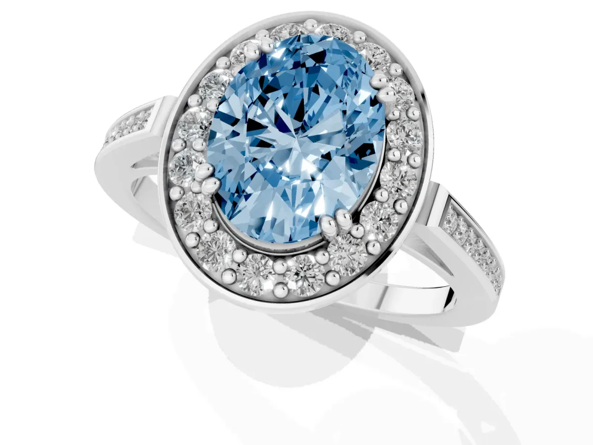 Fancy Blue Oval Cut Diamond Halo Ring with Split Shank and Four-Prong Setting White gold