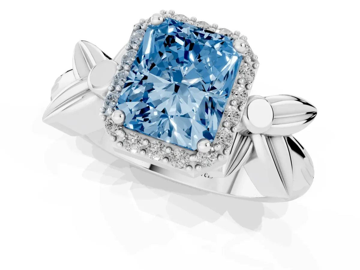 Fancy Blue Radiant Cut Halo Diamond Floral Band with Four-Prong Setting White gold