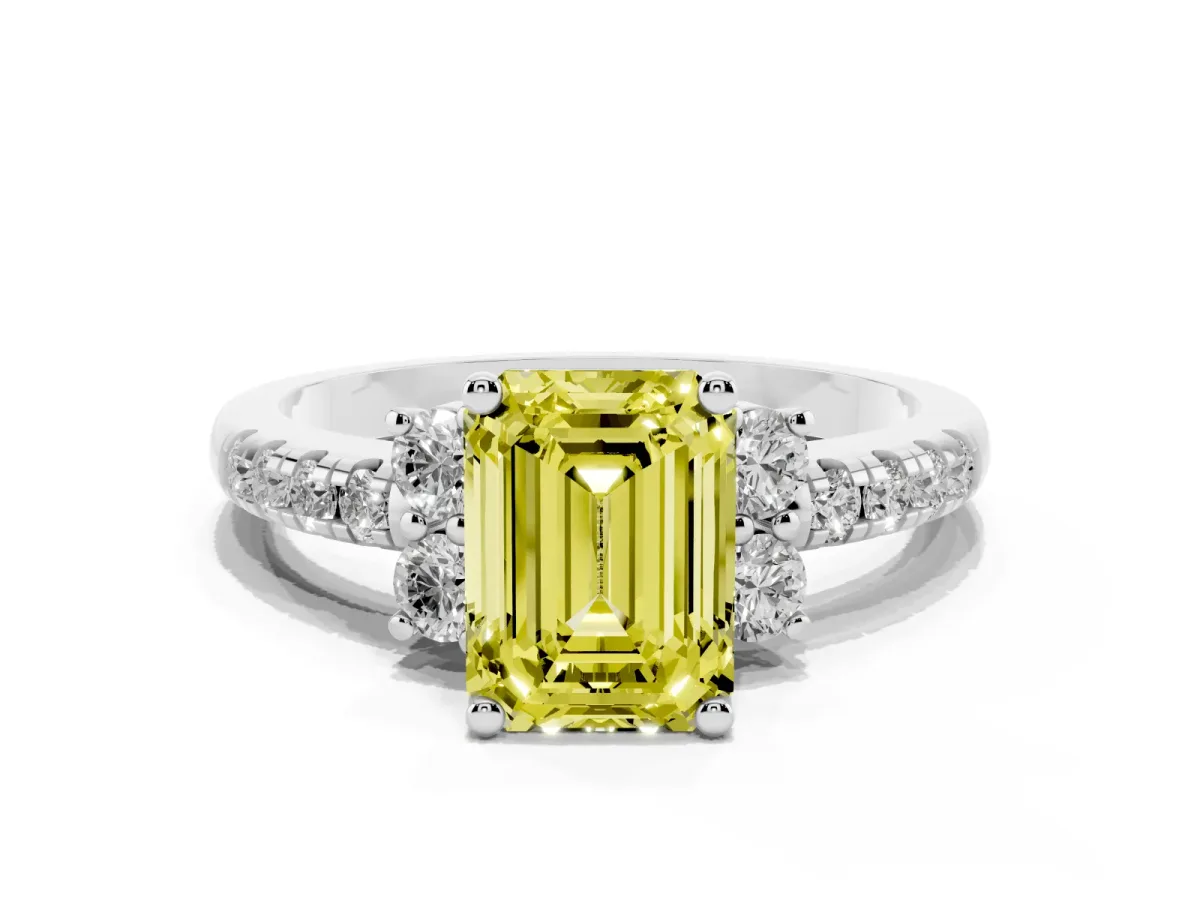Fancy Yellow Emerald Cut Diamond Three-Stone Pave Band with Four-Prong Setting Platinum
