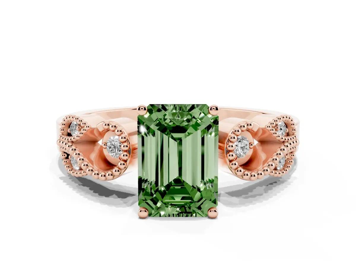 Fancy Green Emerald Cut Solitaire Milgrain Leaf Band with Prong Setting Rose gold