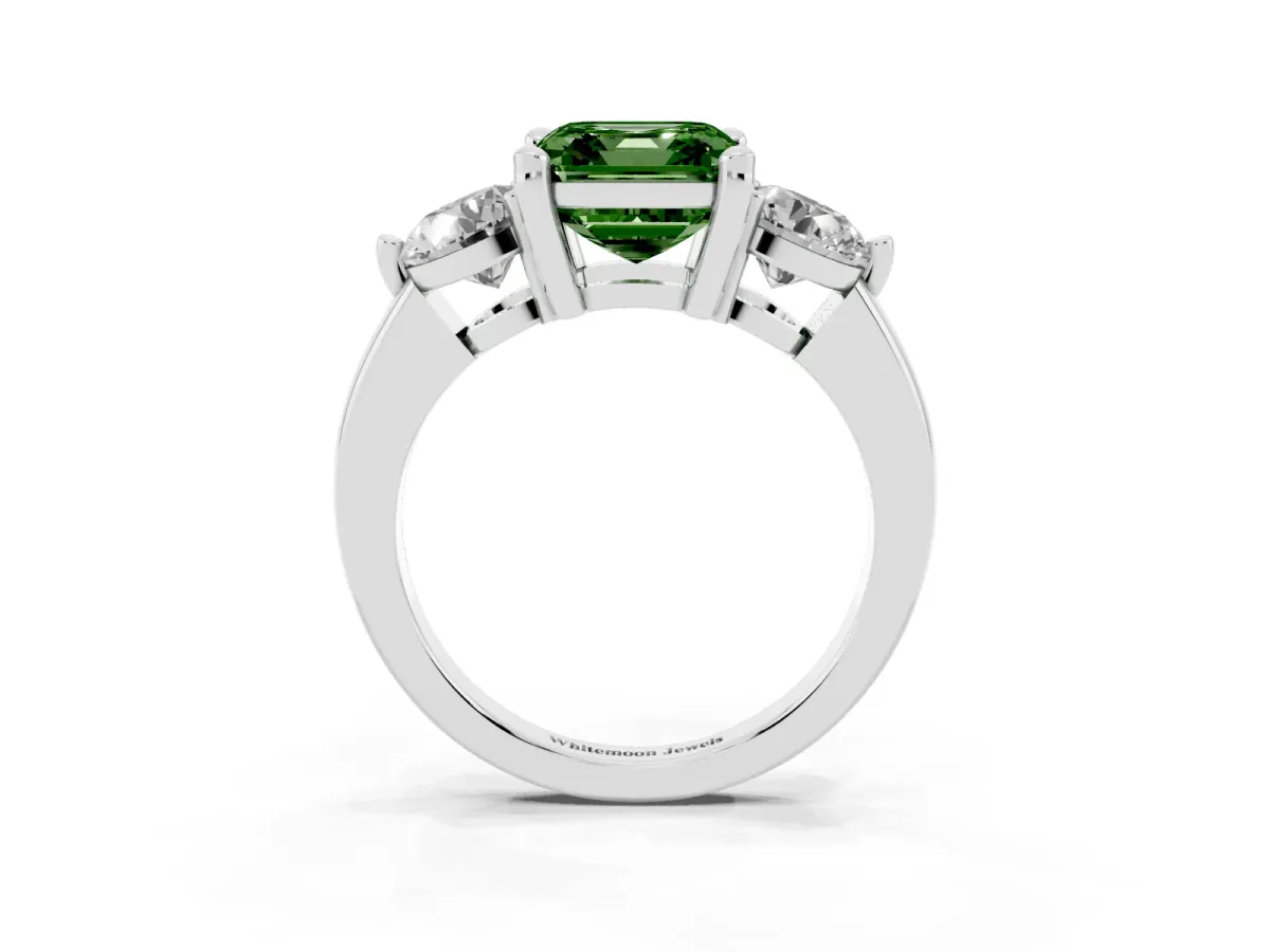 Fancy Green Three-Stone Asscher Cut Brilliant Cut Solitaire Ring with Prong Setting on a Classic Band White gold