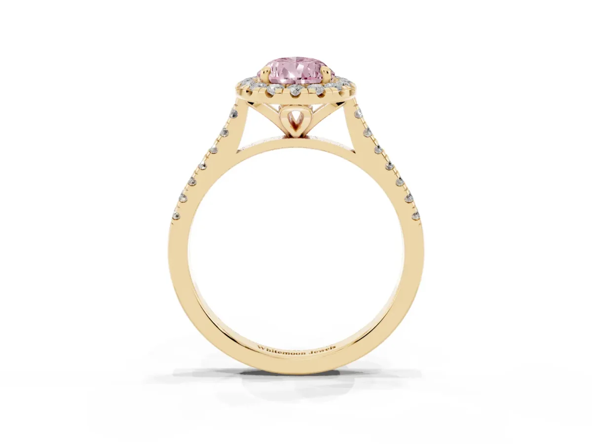 Fancy Pink Pear Cut Diamond Cushion Halo Ring with Pavé Band Yellow gold