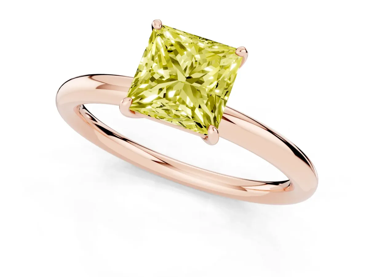 Fancy Yellow Princess Cut Solitaire Diamond Ring with Four-Prong Setting on a Plain Band Rose gold