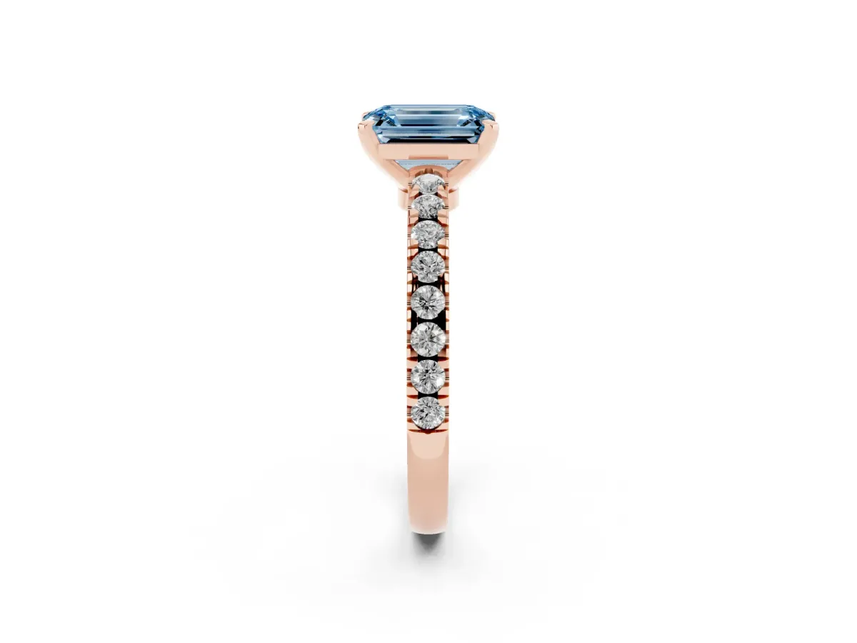 Fancy Blue Emerald Cut Solitaire Diamond with Pavé Band and Four-Prong Setting Rose gold