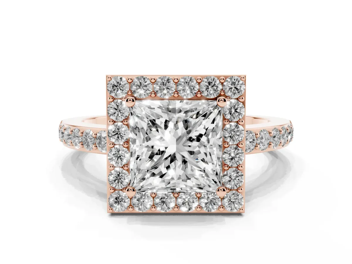 Princess Cut Halo Diamond Pavé Band Ring with Prong Setting Rose gold