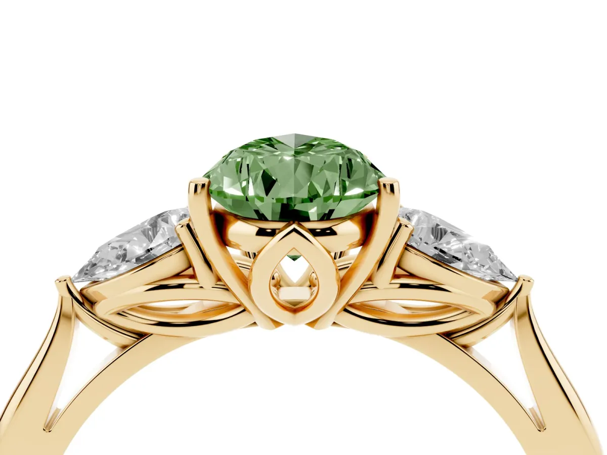 Fancy Green Pear Cut Diamond Three-Stone Ring with Pear Side Stones and Prong Setting Yellow gold