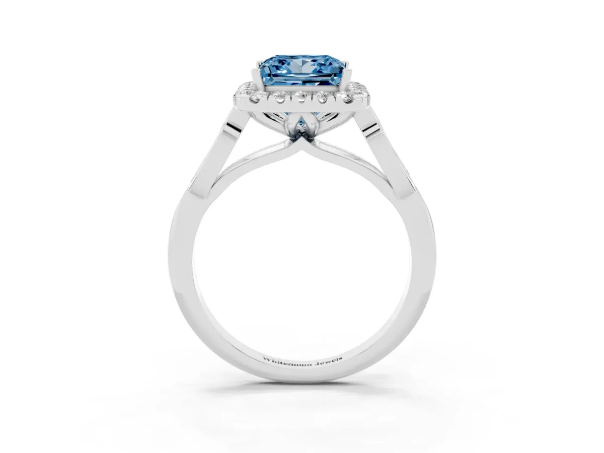 Fancy Blue Princess Cut Halo Diamond Engagement Ring with Filigree Band and Four-Prong Setting Silver