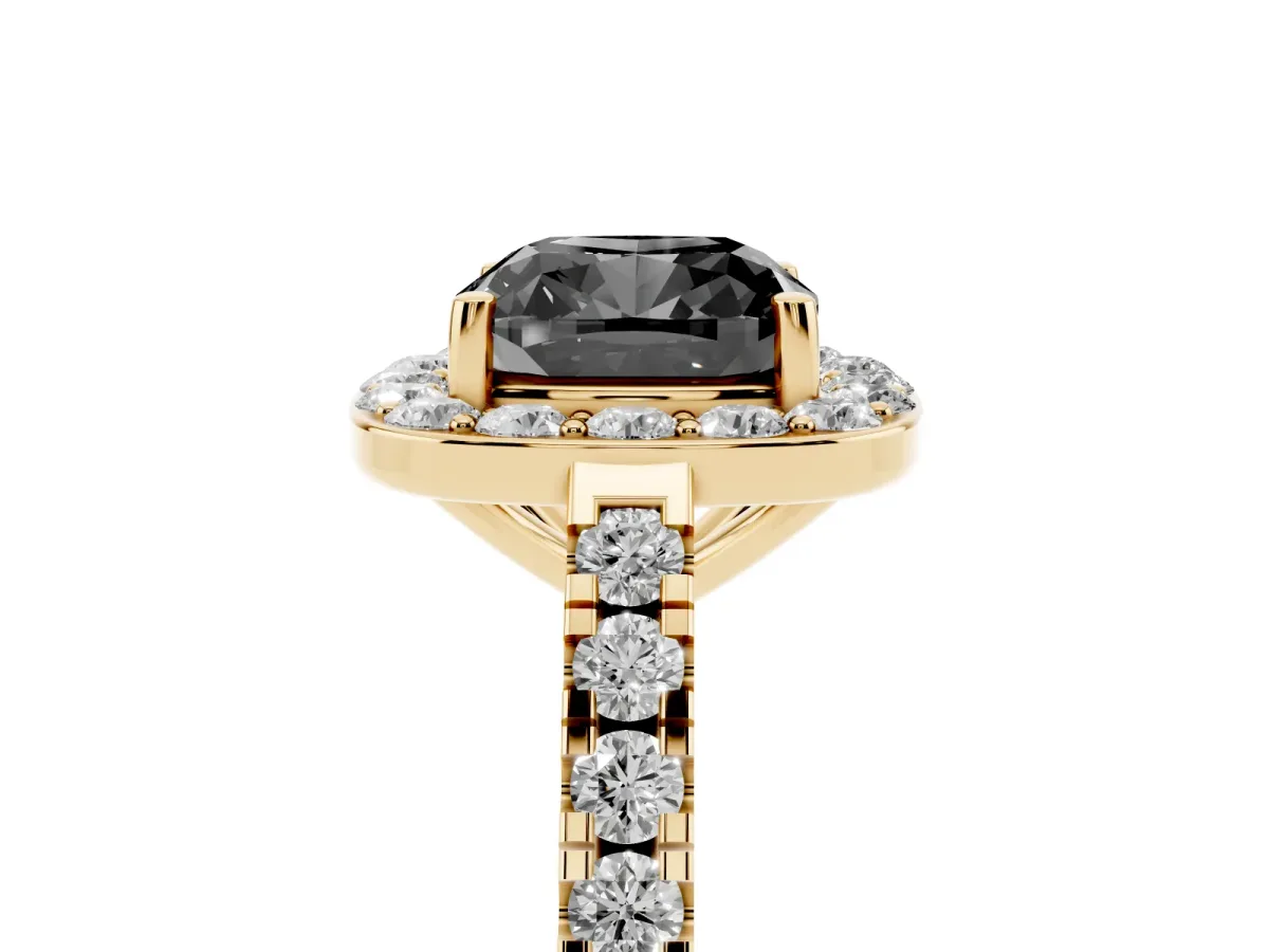 Fancy Black Cushion Cut Diamond Halo Ring with Round Pavé Split Shank and Prong Setting Yellow gold