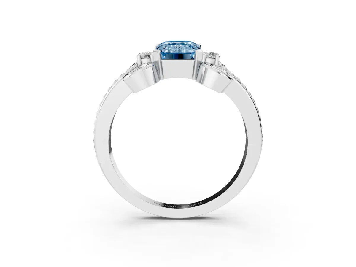 Fancy Blue Emerald Cut Solitaire Twisted Band Scroll Prong Ring Platinum