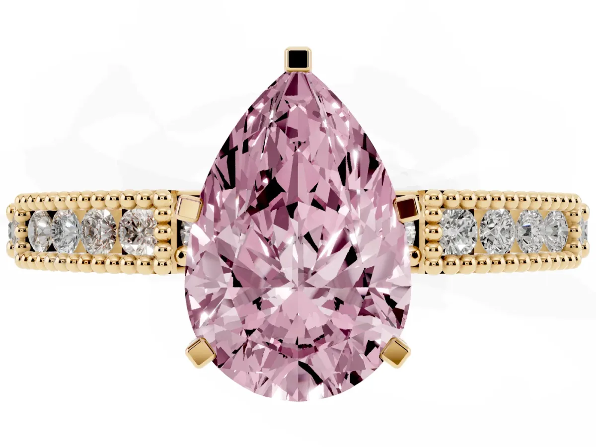 Fancy Pink Pear Cut Solitaire with Pavé Band and Four-Prong Setting Yellow gold