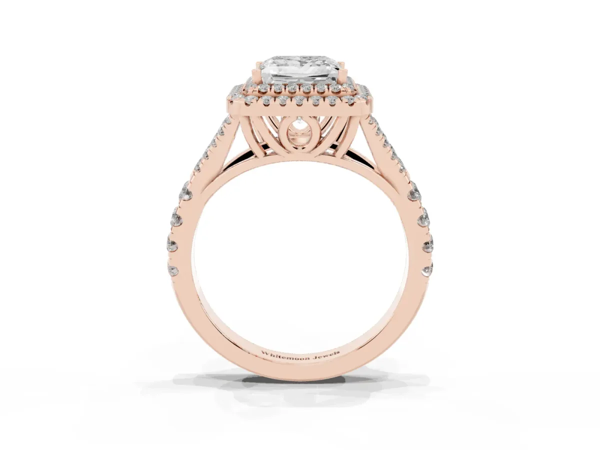 Double Halo Princess Cut Diamond Split Shank Engagement Ring with Four-Prong Setting Rose gold
