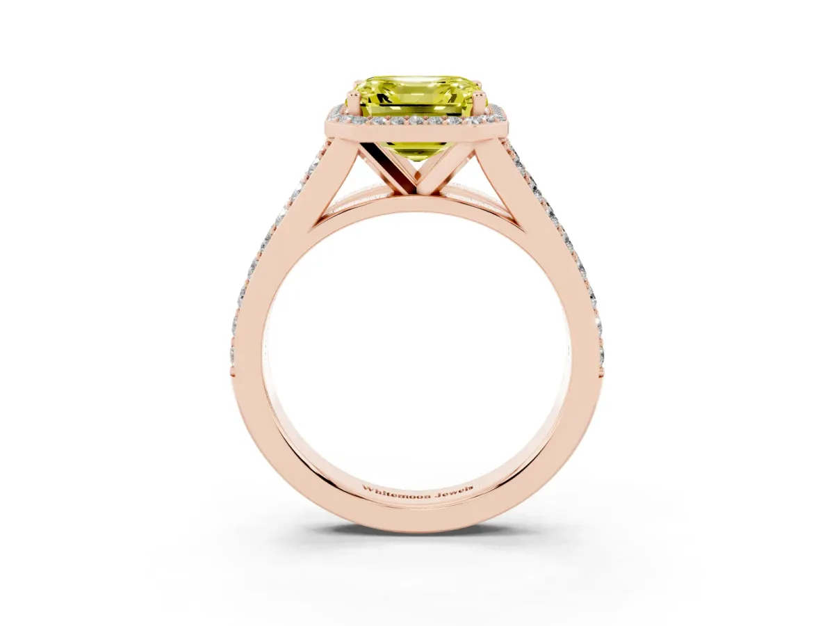 Fancy Yellow Asscher Cut Diamond Split Shank Halo Ring with Four-Prong Setting Rose gold