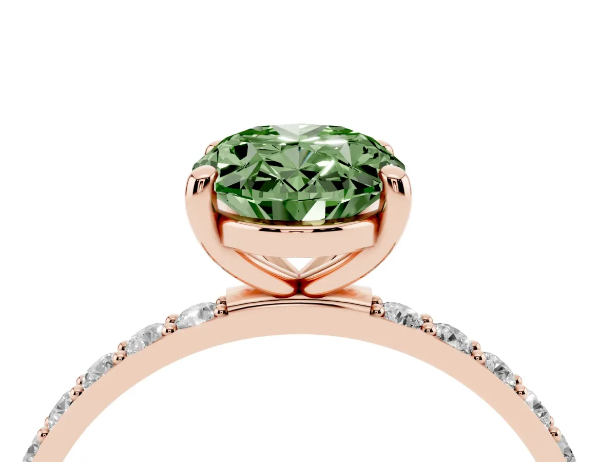 Fancy Green Oval Cut Diamond Solitaire Ring with Round Pavé Band and Prong Setting Rose gold